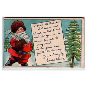 Vintage Santa Claus Axe Christmas Tree Letter Postcard 1910s Holiday
